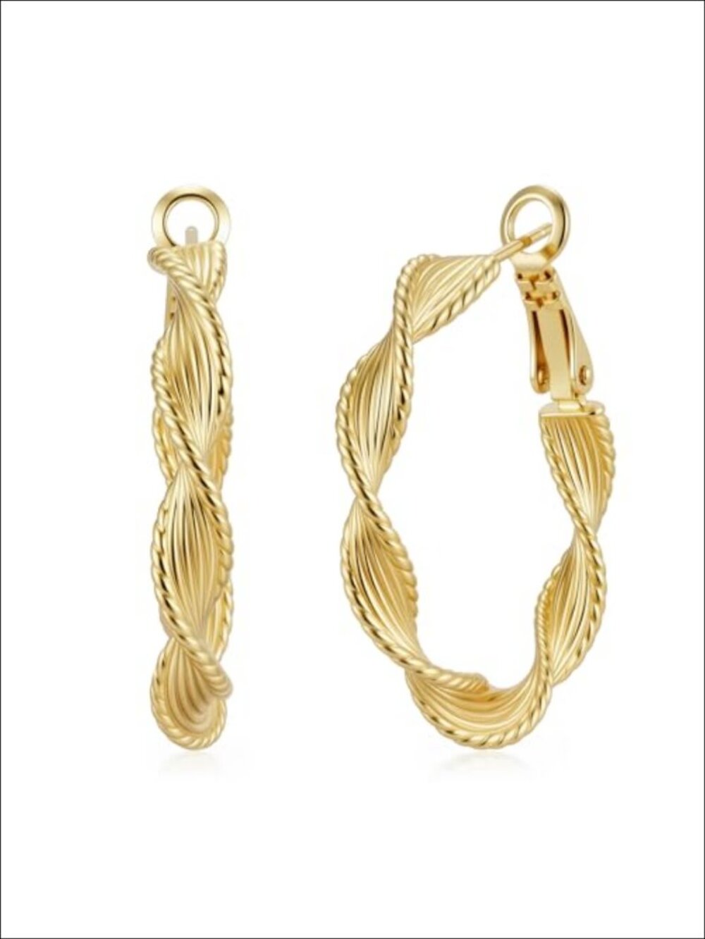 14K Gold Plated Hoop Earrings Twisted Thread Paddle Back 30mm